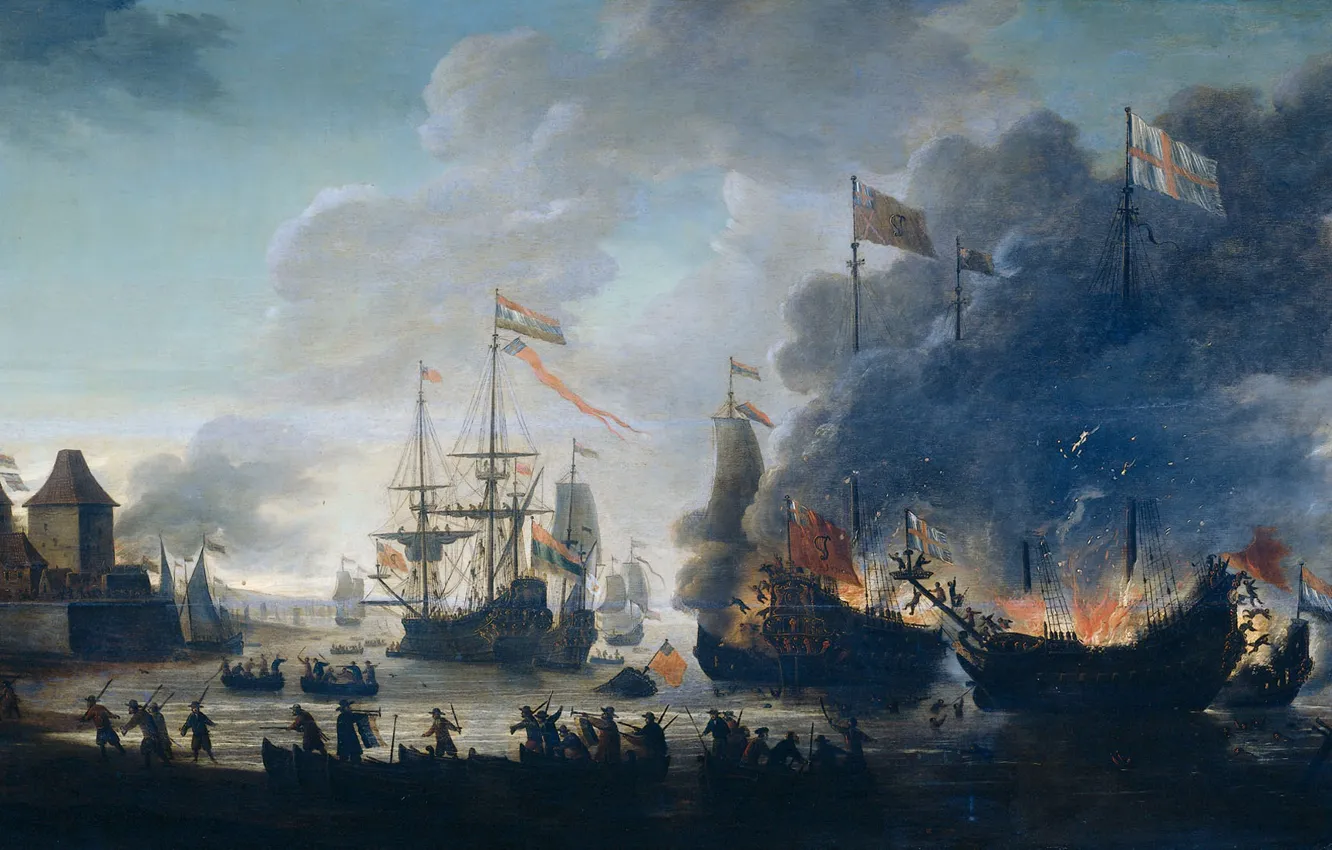 Фото обои море, масло, картина, бой, парус, баталия, Ян ван Лейден, Голландцы Жгут Английские Корабли
