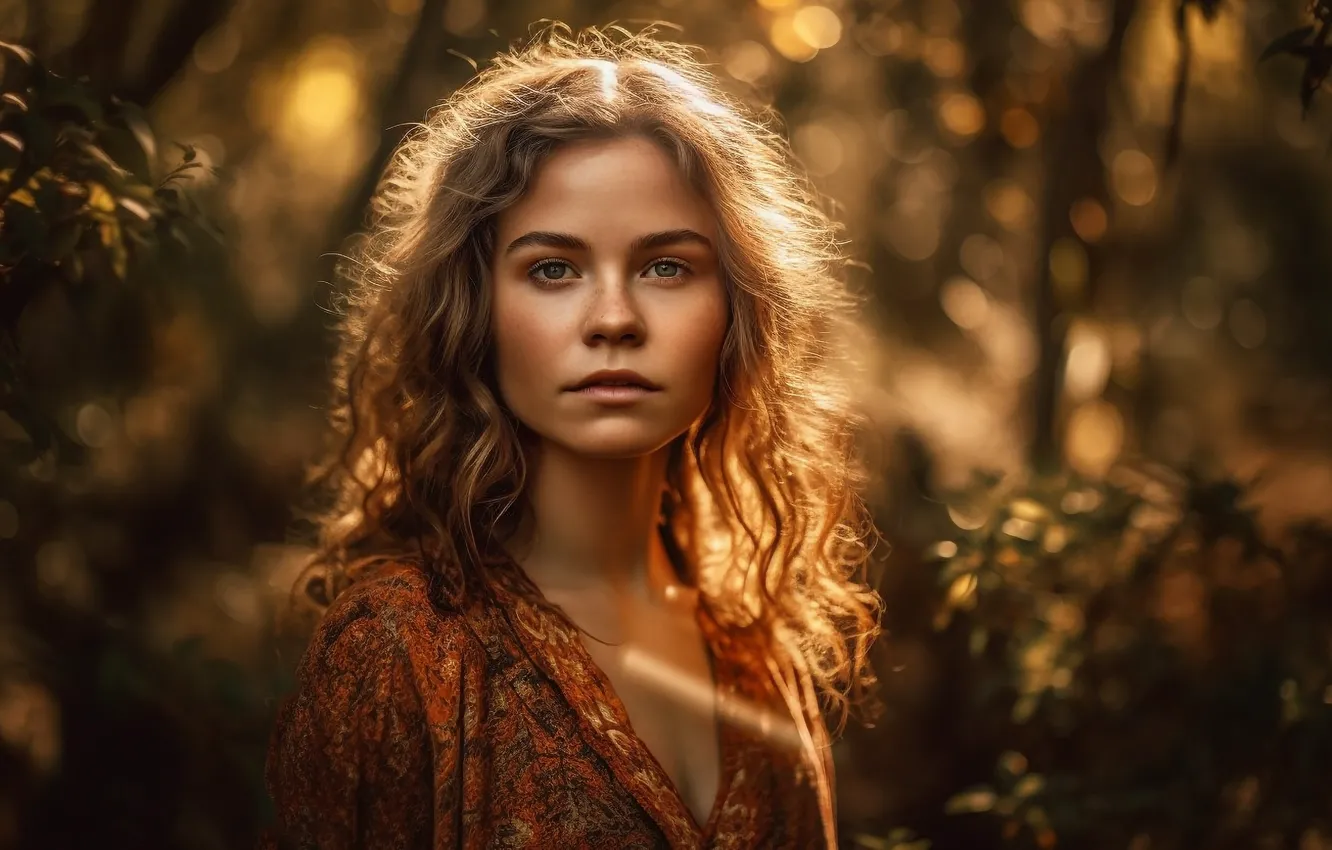 Фото обои взгляд, девушка, свет, ветки, природа, лицо, портрет, платье