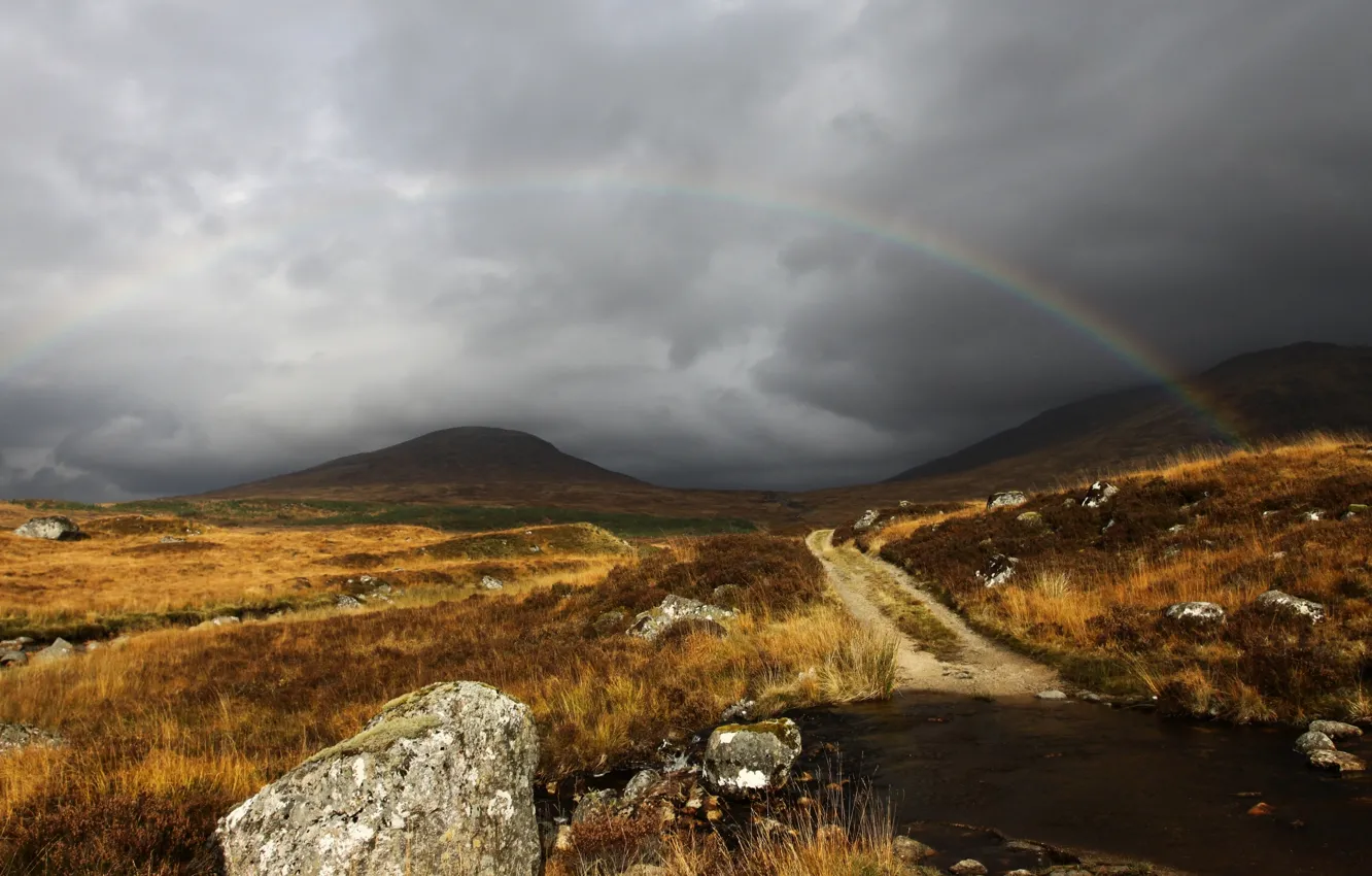 Фото обои небо, облака, серый, радуга, Шотландия