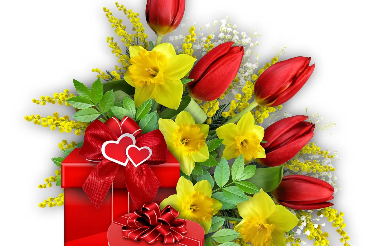 Фото обои цветы, праздник, сердце, весна, подарки, тюльпаны, бант, 8 марта