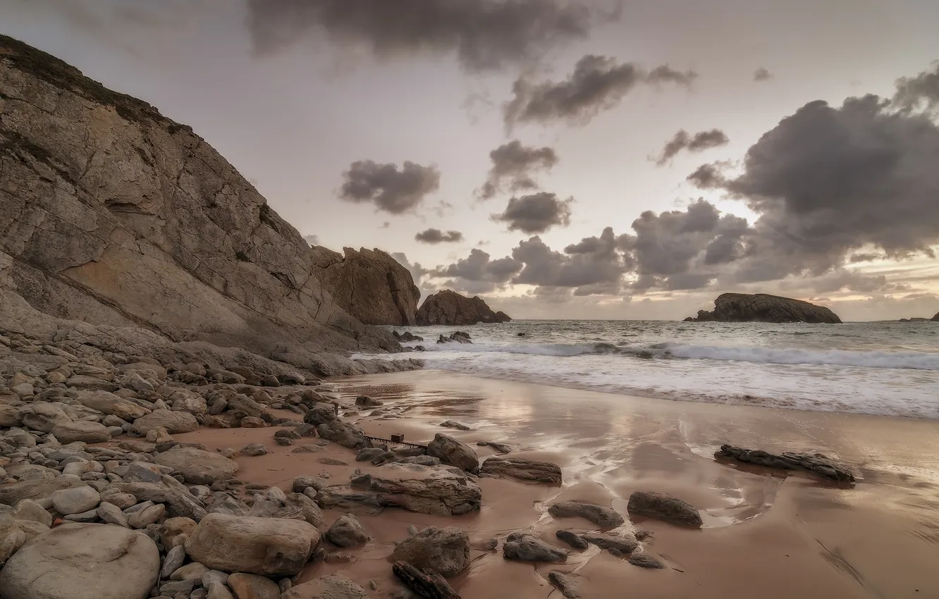 Фото обои море, пляж, ерег, песок. камни