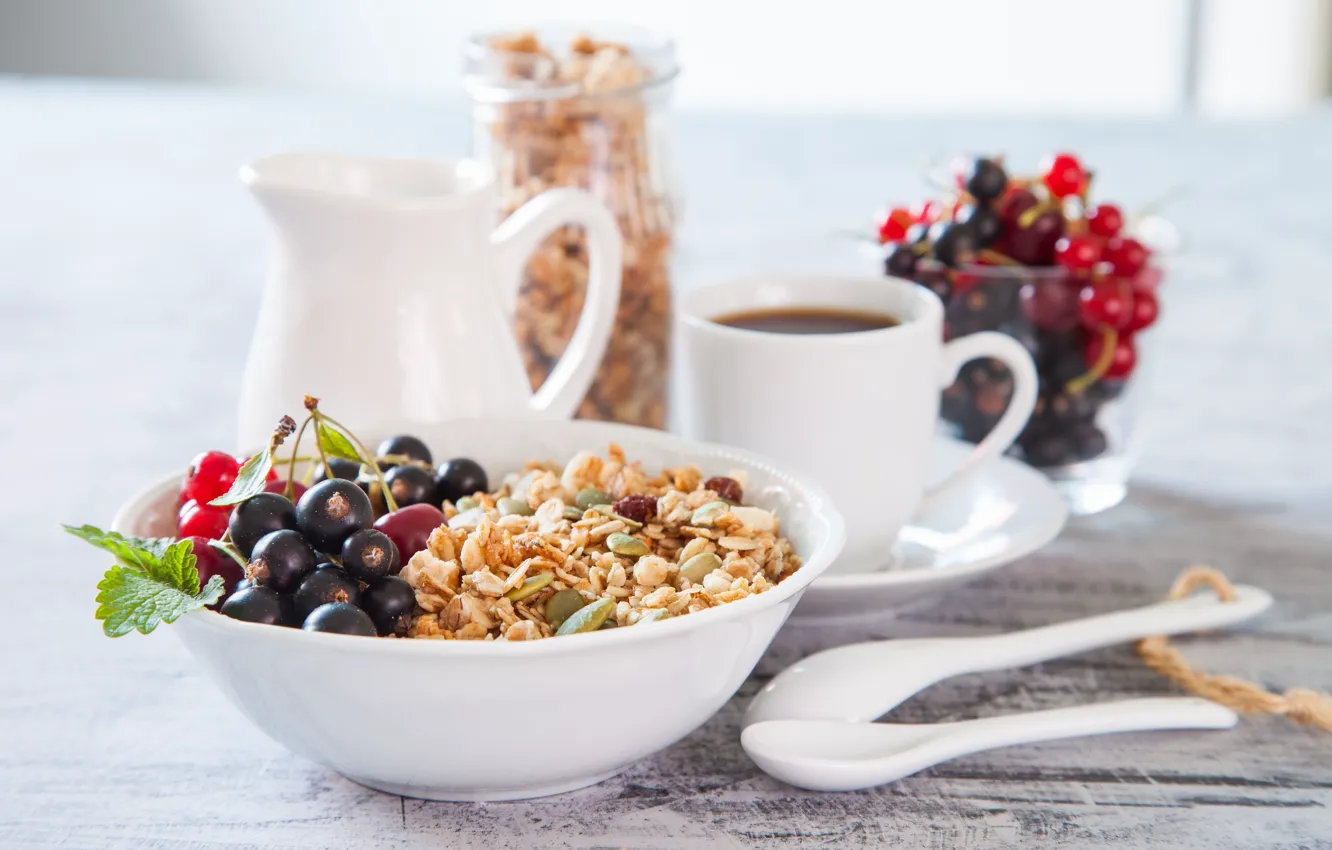 Фото обои ягоды, кофе, завтрак, смородина, breakfast, мюсли, muesli, fresh berries