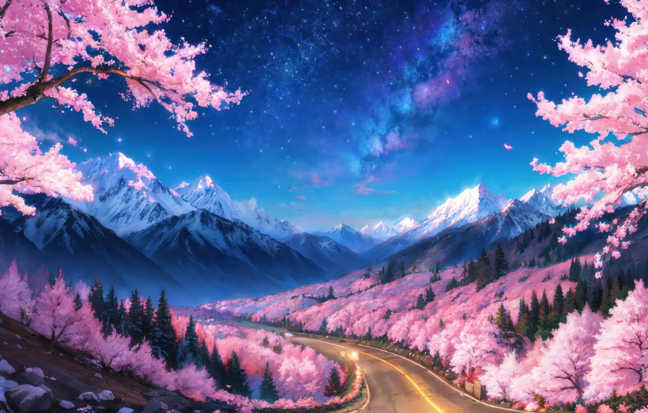 Фото обои Sky, Snowy, Mountain, Night, Digital Art, Scenery, Forest, Cherry Blossom