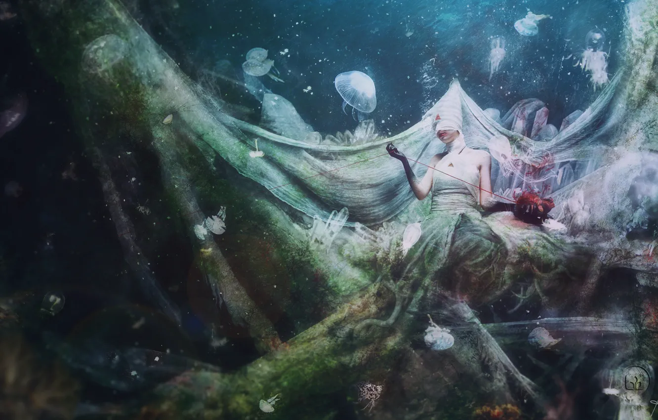 Фото обои вода, девушка, сюрреализм, кровь, сердце, медузы, когти, колпак
