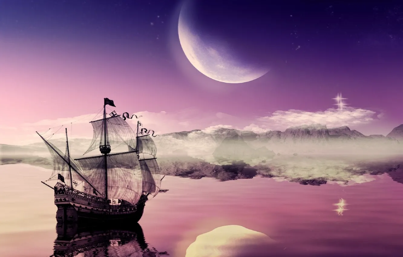 Фото обои луна, корабль, moon, путешествие, ship, journey