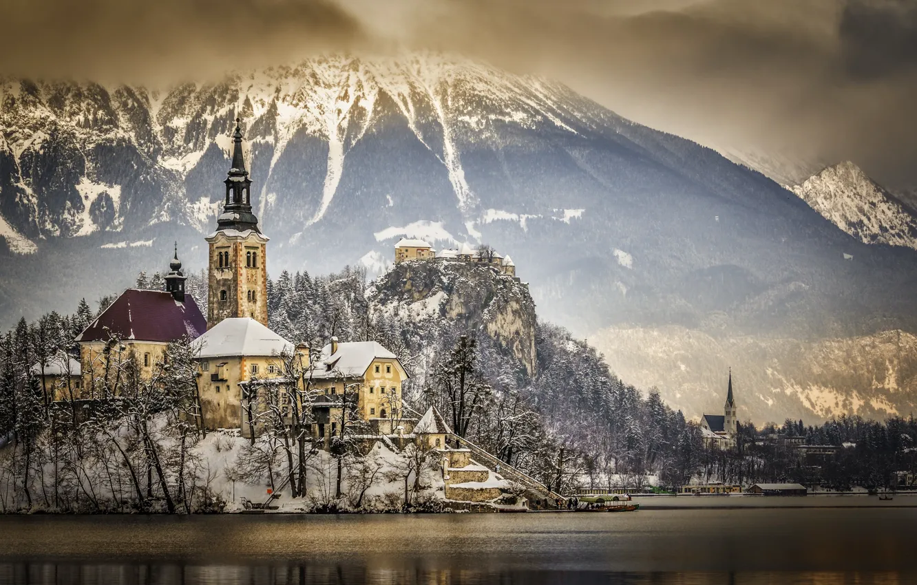 Фото обои зима, горы, озеро, Словения, Lake Bled