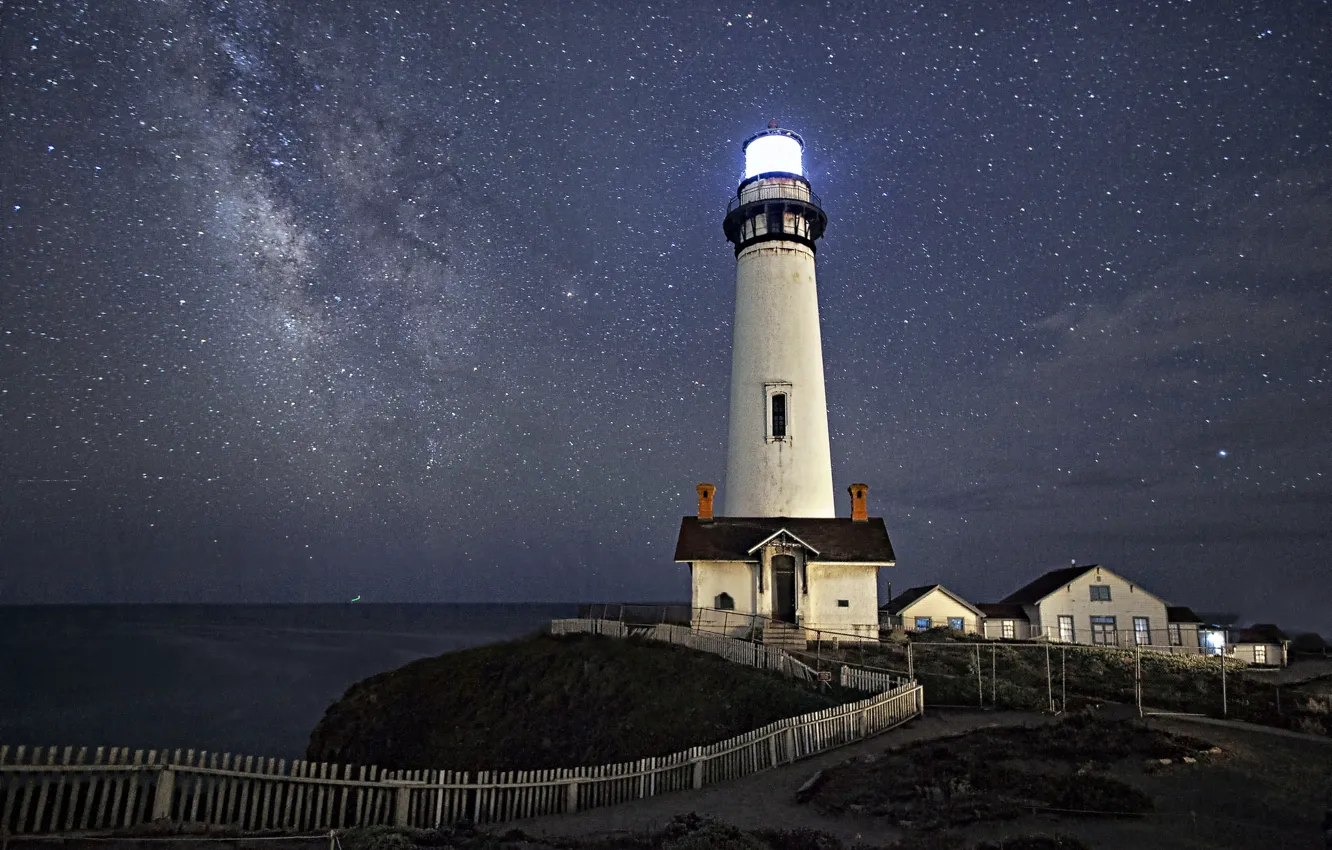 Фото обои море, космос, звезды, маяк, Млечный Путь