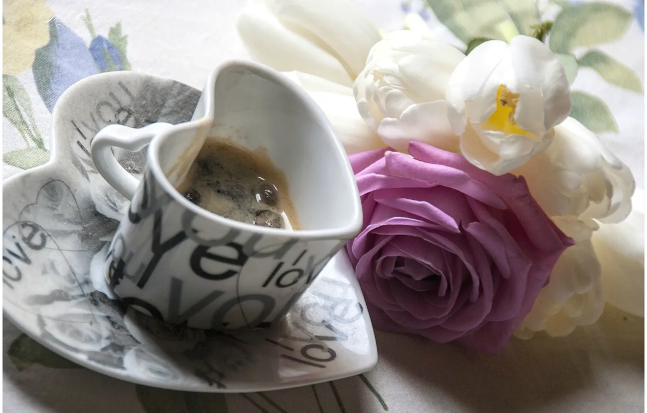 Фото обои цветы, фон, обои, настроения, сердце, роза, кофе, кружка
