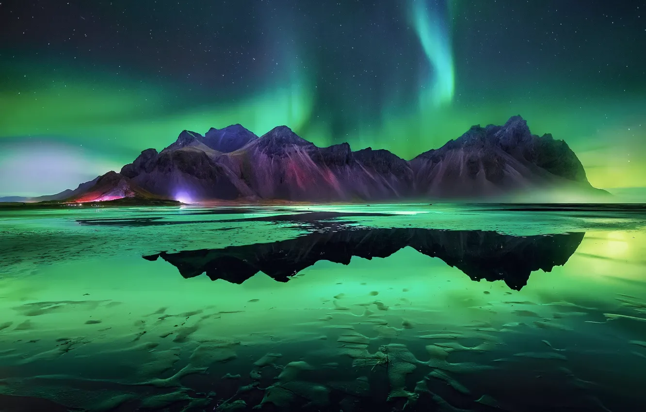 Фото обои пляж, звезды, горы, ночь, северное сияние, Исландия