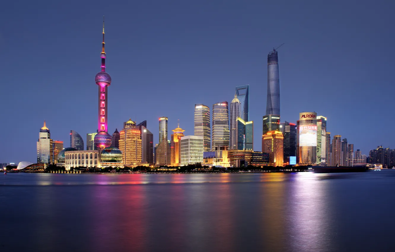 Фото обои река, горизонт, Китай, Шанхай, Oriental Pearl Tower, Shanghai Tower, Shanghai World Financial Center, реки Хуанпу