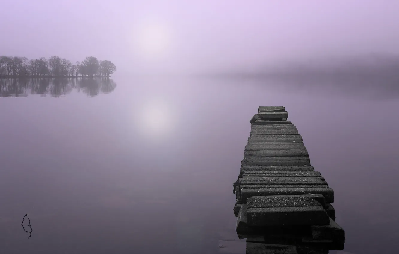 Фото обои пейзаж, мост, туман, озеро, утро