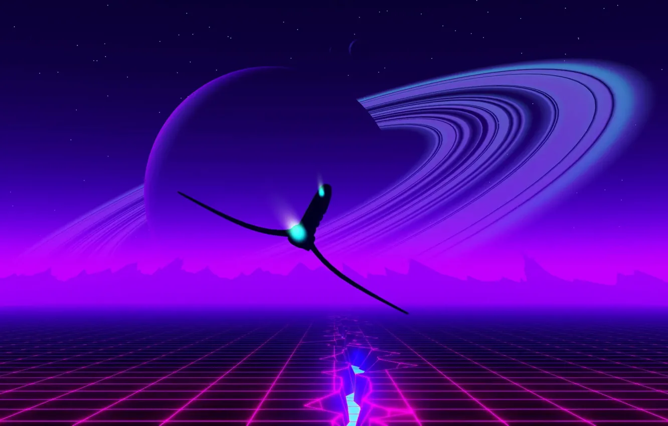 Фото обои Музыка, Планета, Корабль, Фон, Кольцо, Emotions, Synth, Retrowave