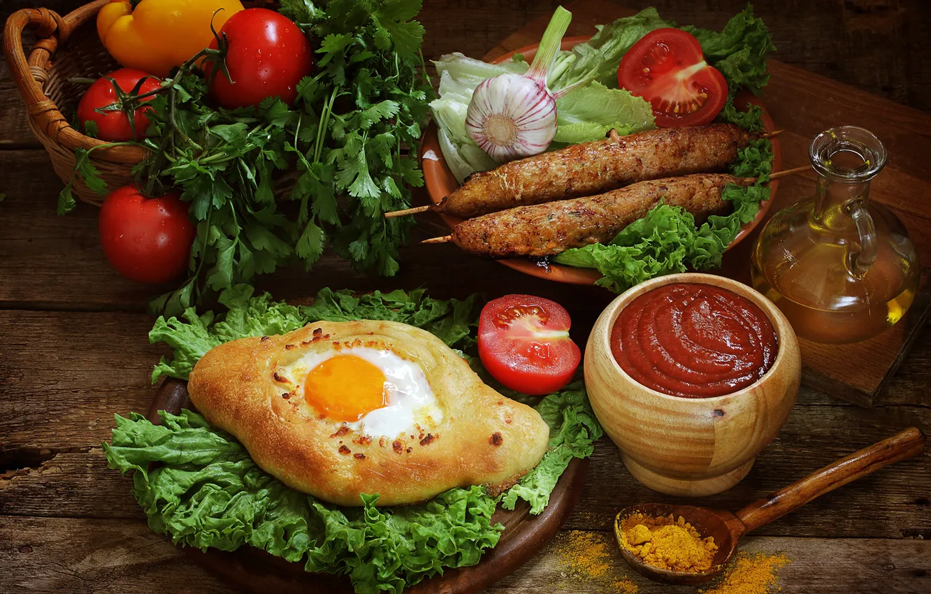 Фото обои яйцо, овощи, ассорти, хачапури, аджика, люлякебаб