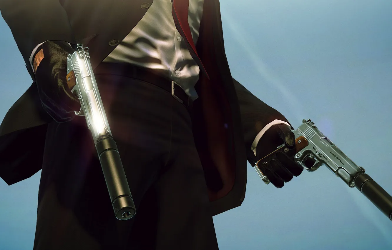Фото обои оружие, пистолеты, перчатки, Hitman, пиджак, глушитель