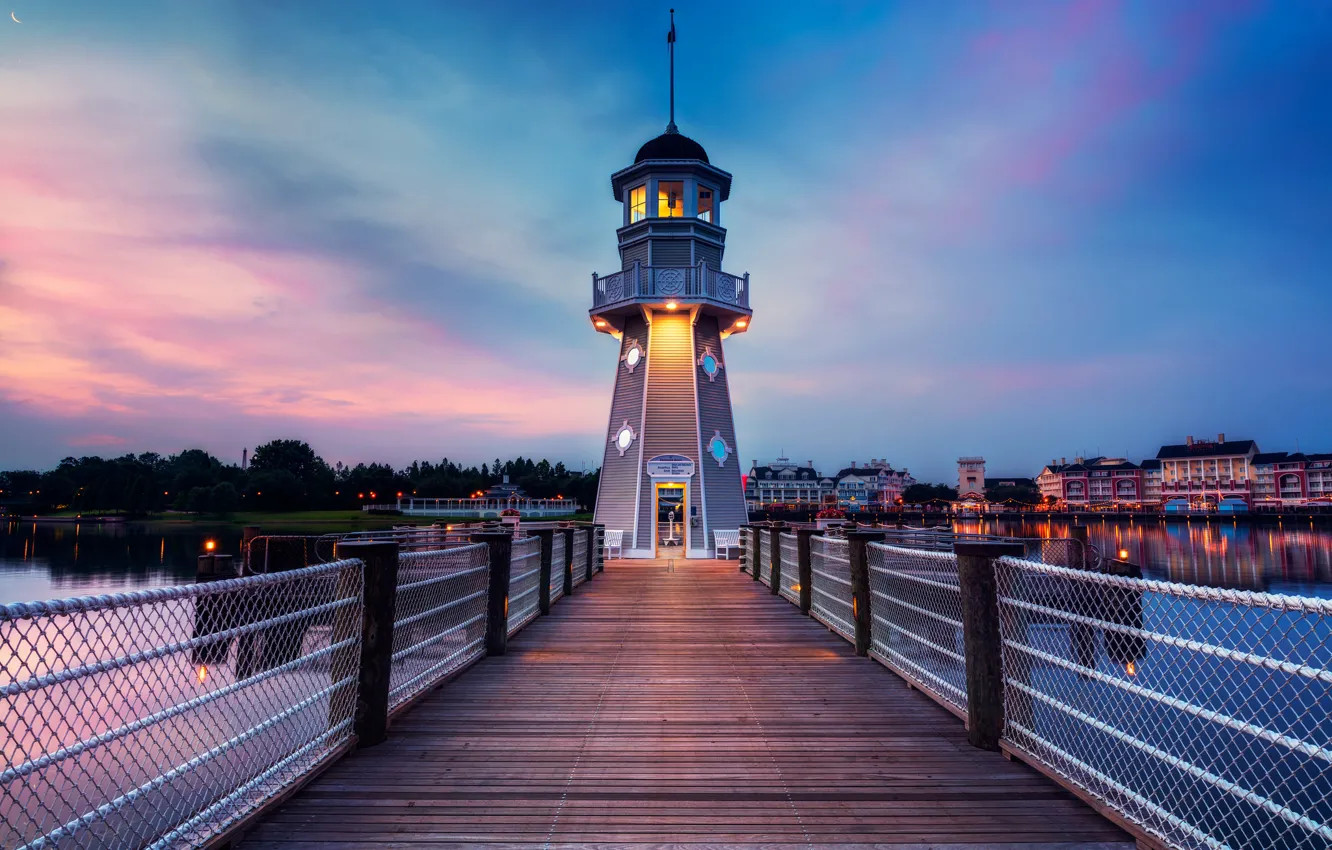 Фото обои Bay Lake, Флорида, United States, lighthouse, вечер, Florida, маяк, evening