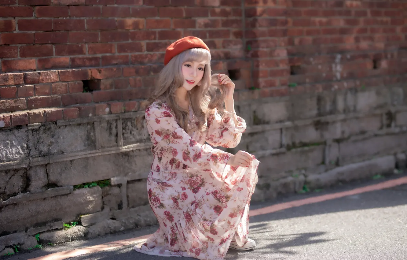 Фото обои девушка, платье, азиатка, милашка, берет