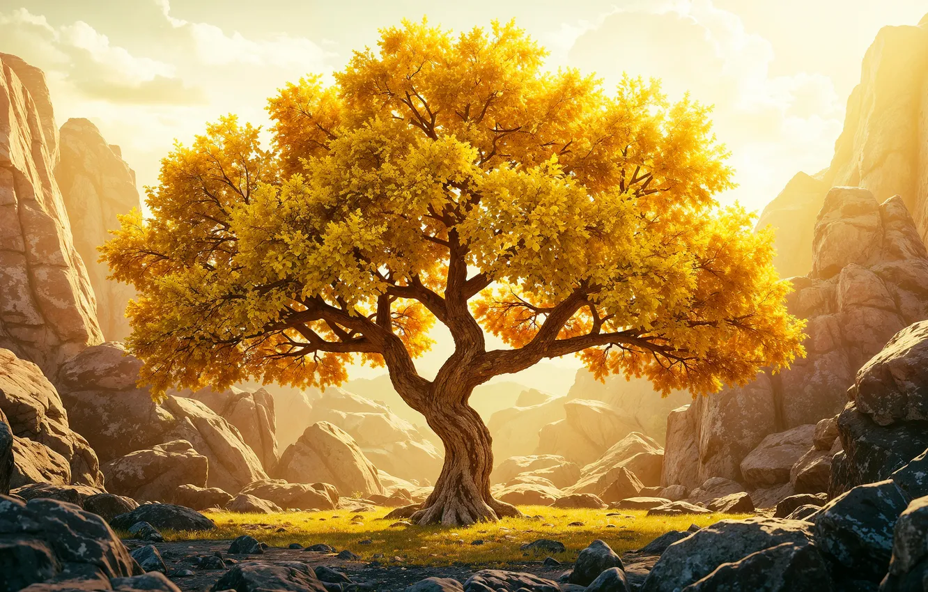 Фото обои осень, солнце, деревья, пейзаж, горы, природа, туман, камни