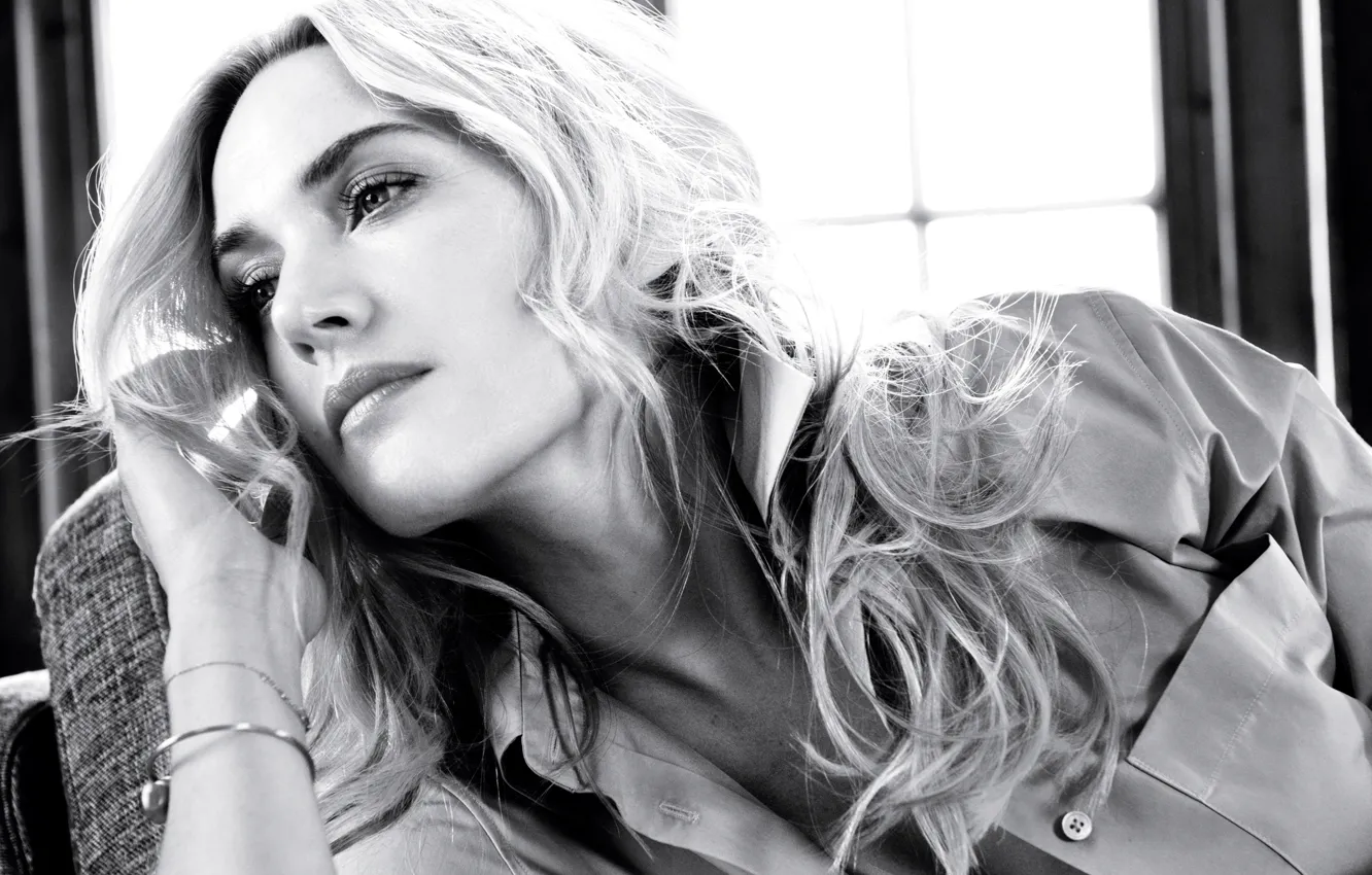Фото обои фото, макияж, актриса, прическа, блондинка, черно-белое, рубашка, Kate Winslet