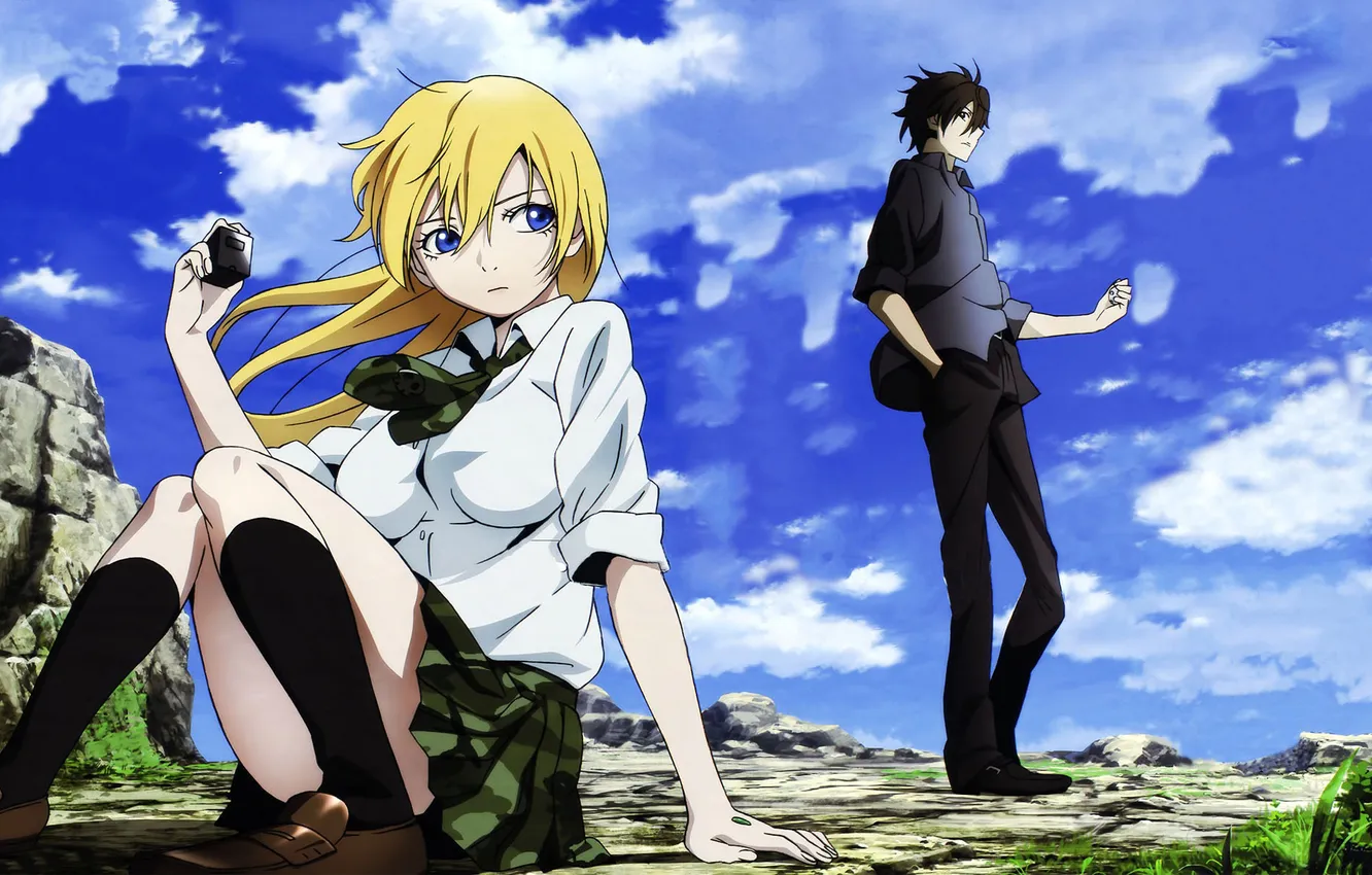 Фото обои небо, девушка, облака, камни, парень, himiko, btooom!