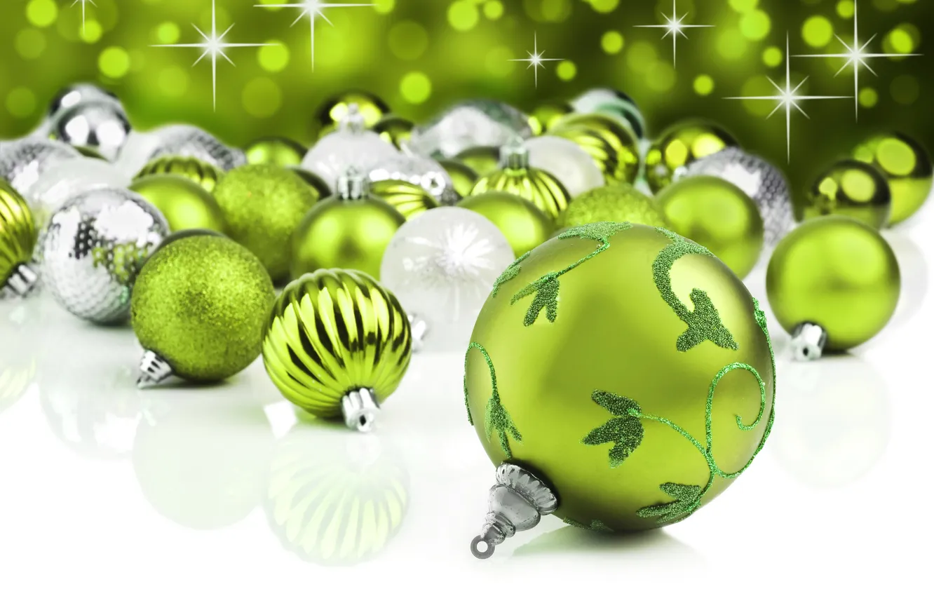 Фото обои зима, шарики, украшения, шары, игрушки, Новый Год, зеленые, Рождество