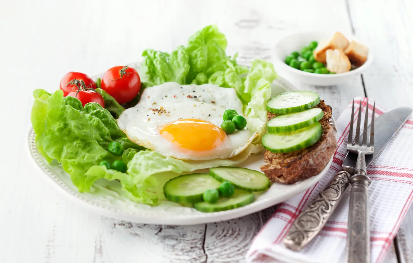 Фото обои завтрак, огурец, яичница, помидоры, салат, breakfast, egg, tomato