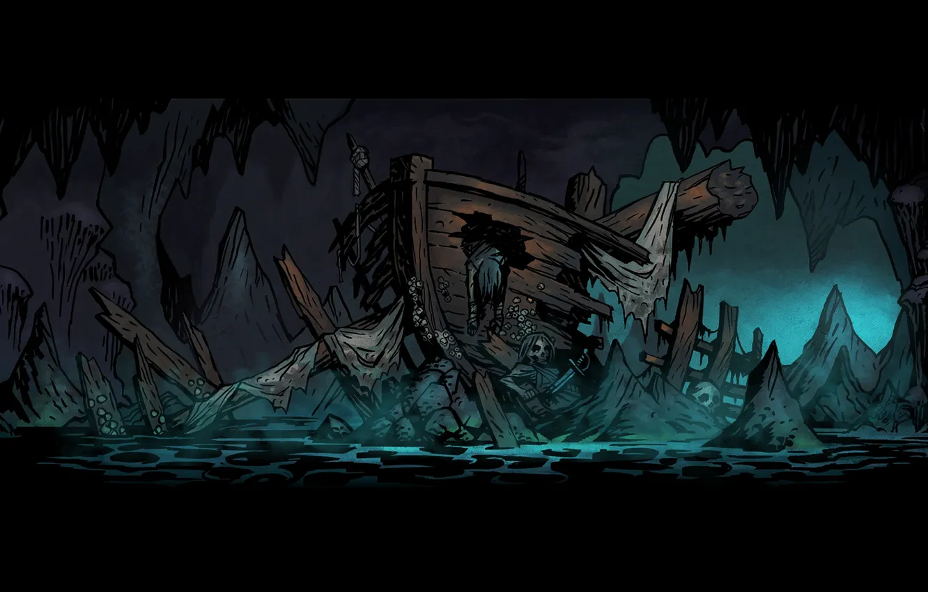Фото обои ship, bones, cave, Darkest dungeon