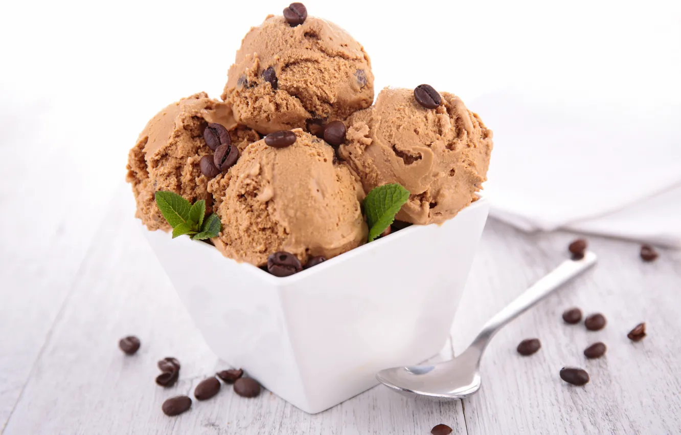 Фото обои мороженое, мята, десерт, кофейные зерна, dessert, ice cream, mint, coffee beans