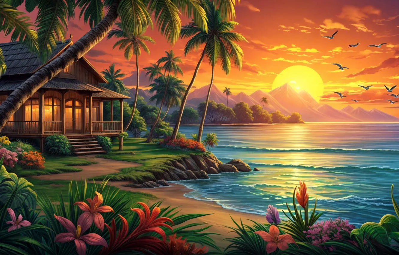 Фото обои Beach, Sunset, Digital art, Ocean