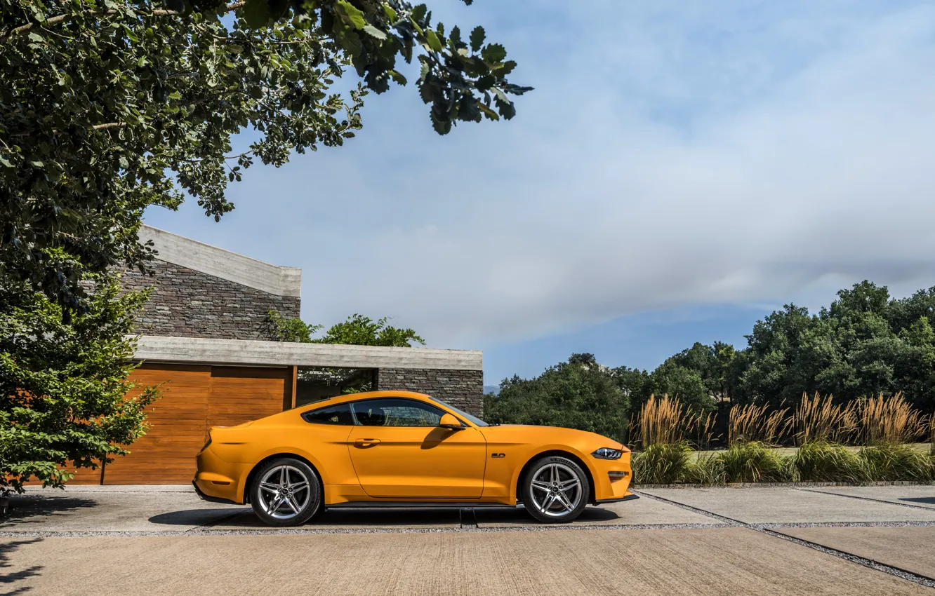 Фото обои оранжевый, Ford, стоянка, профиль, 2018, фастбэк, Mustang GT 5.0