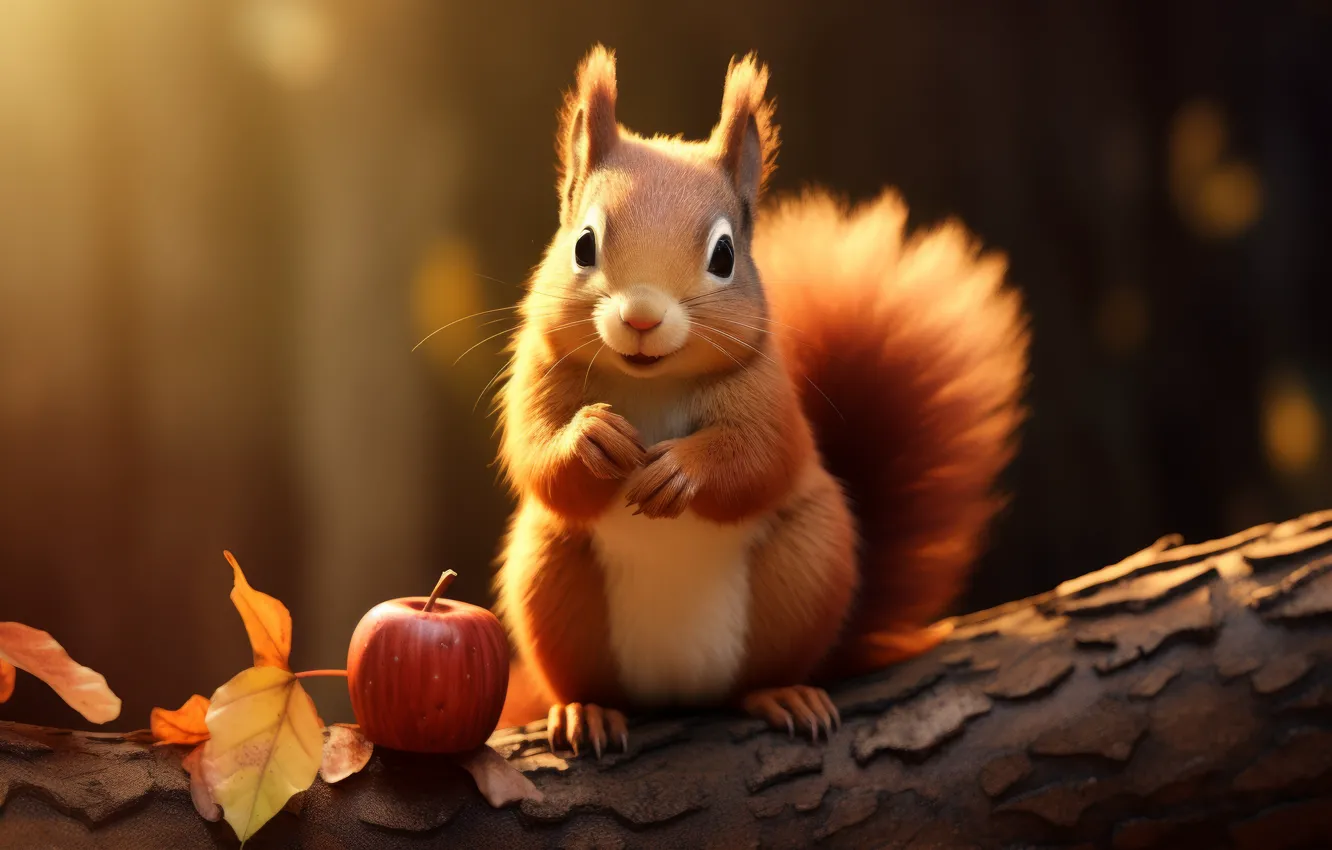 Фото обои осень, природа, яблоко, белка, бревно, ИИ-арт, нейросеть