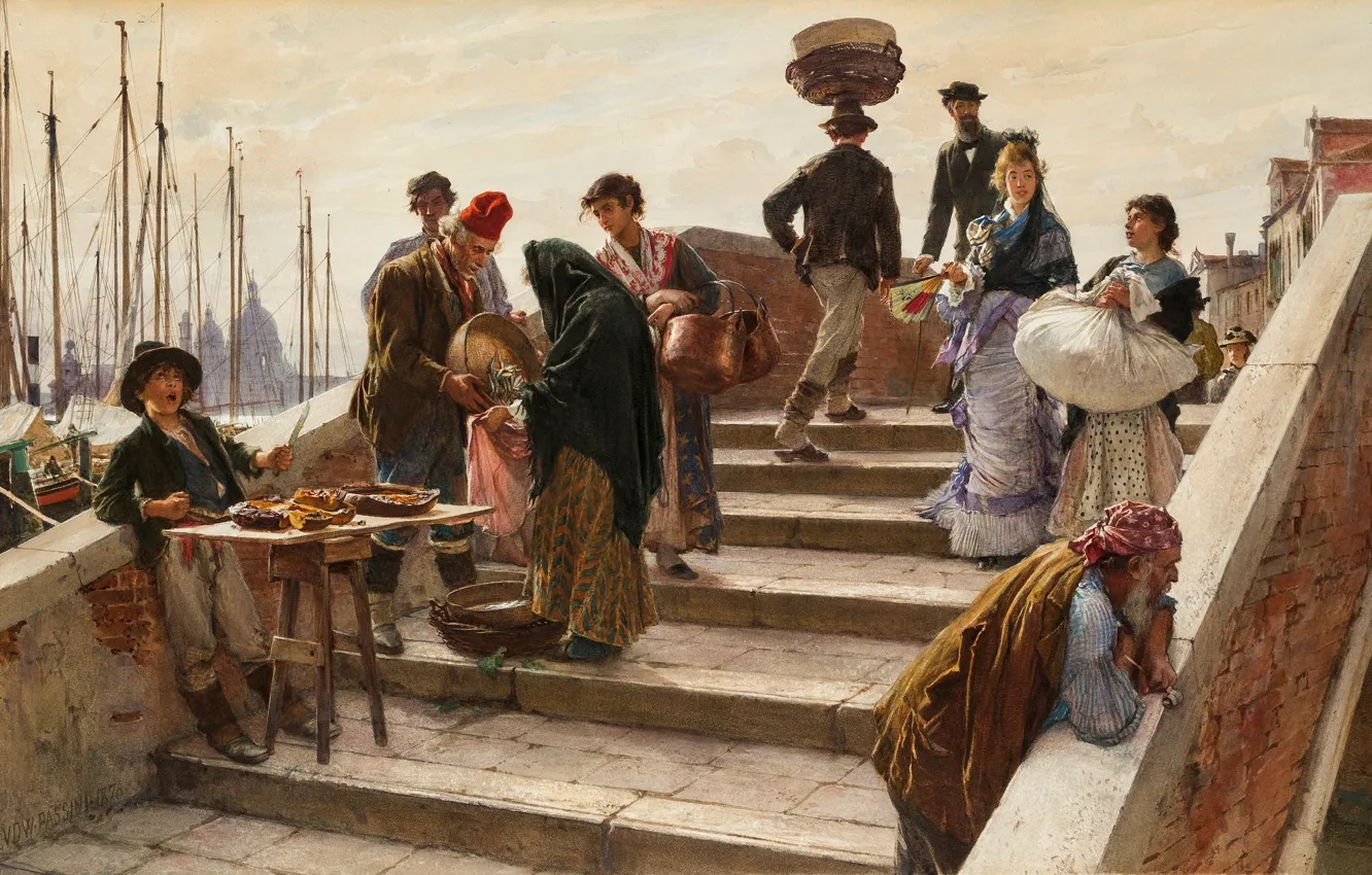 Фото обои 1876, Ludwig Johann Passini, Pont a Venise, Watercolor on paper, Людвиг Пассини, Ludwig Passini, Людвиг …