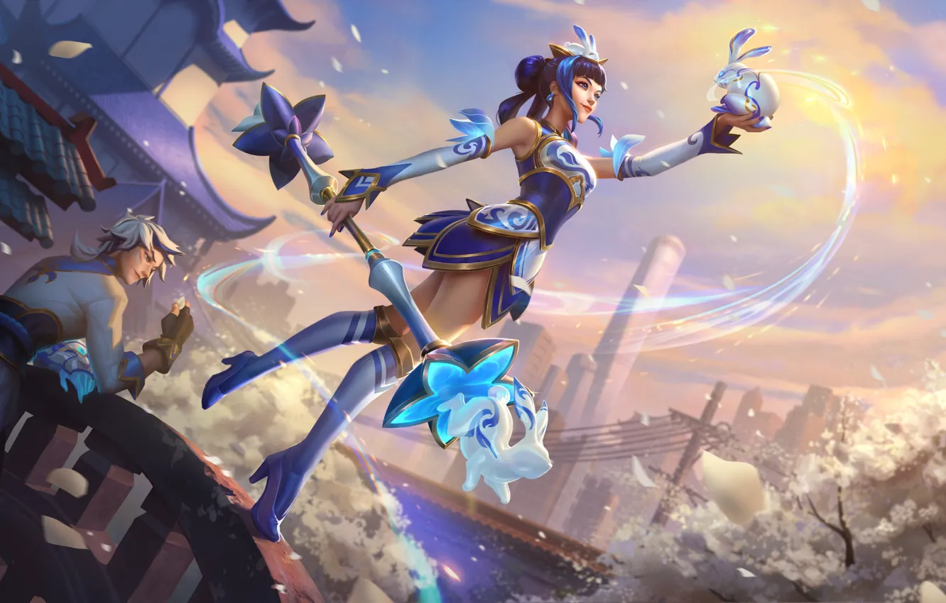 Фото обои Платье, Лепестки, Чулки, Арт, Посох, Splash, Lux, League of Legends