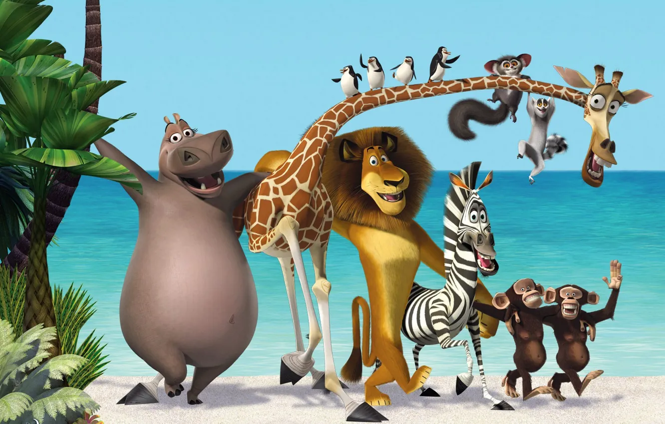 Фото обои море, пальмы, мультфильм, лев, мадагаскар, пингвины, жираф, зебра