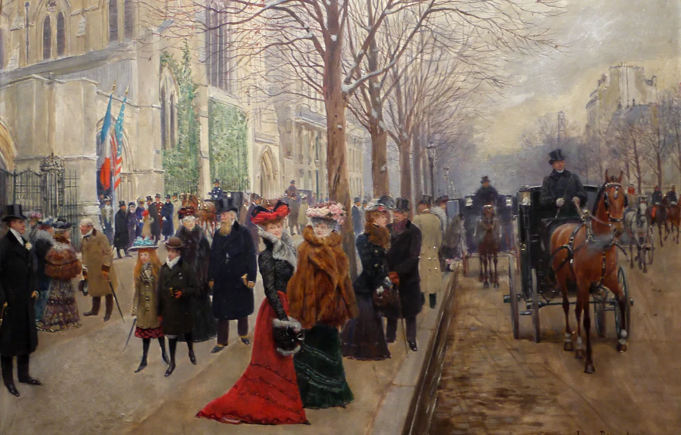 Фото обои снег, дамы, Париж, экипаж, Жан Беро́, Jean Béraud