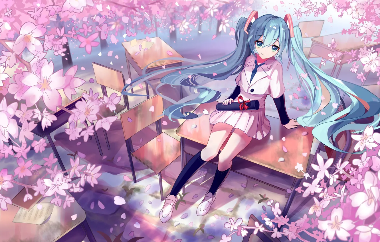 Фото обои стулья, сакура, гольфы, vocaloid, Hatsune Miku, цветение, школьная форма, вокалоид