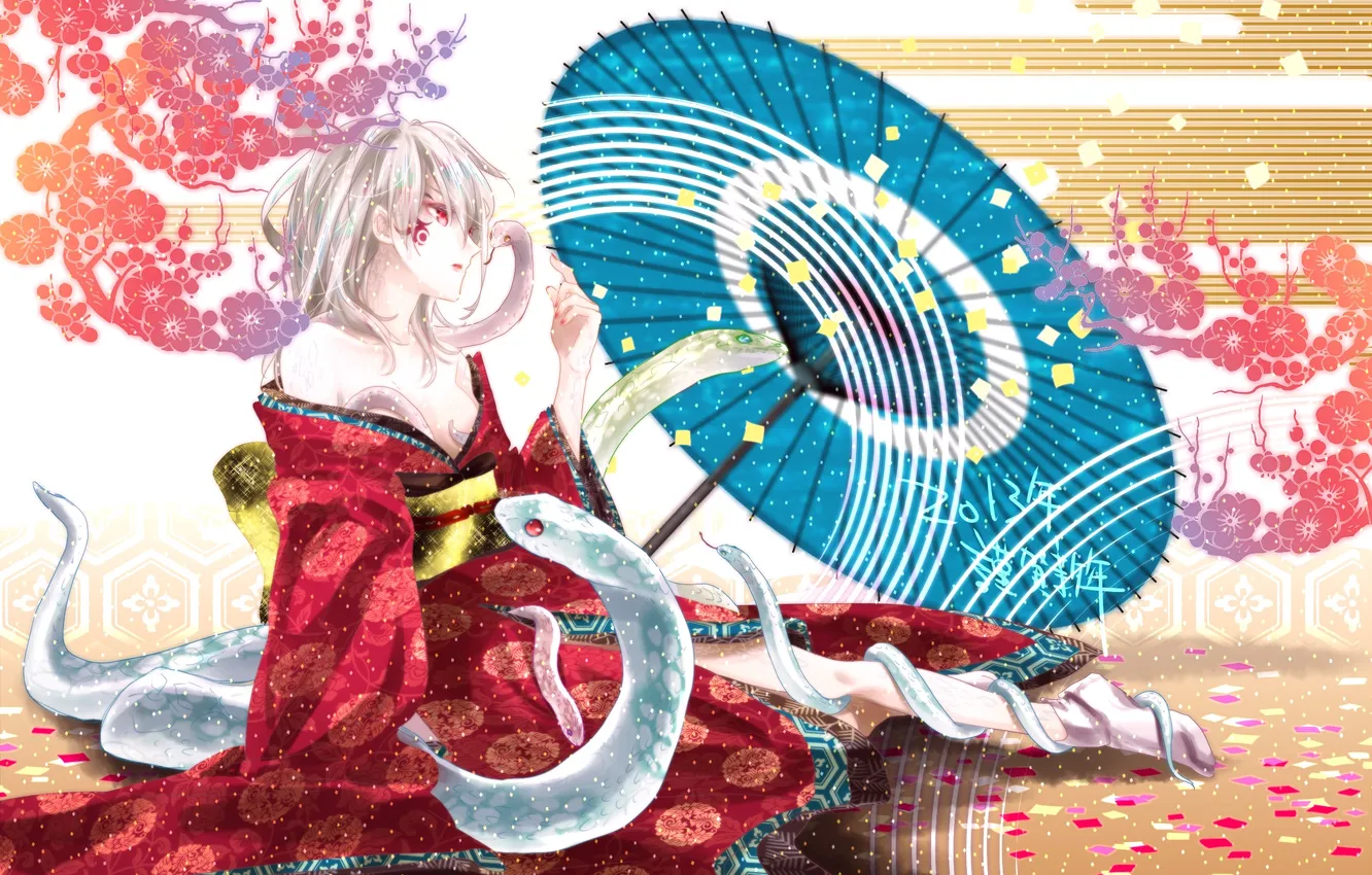 Фото обои змеи, взгляд, девушка, зонт, лепестки, art, zaregoto series, hii101