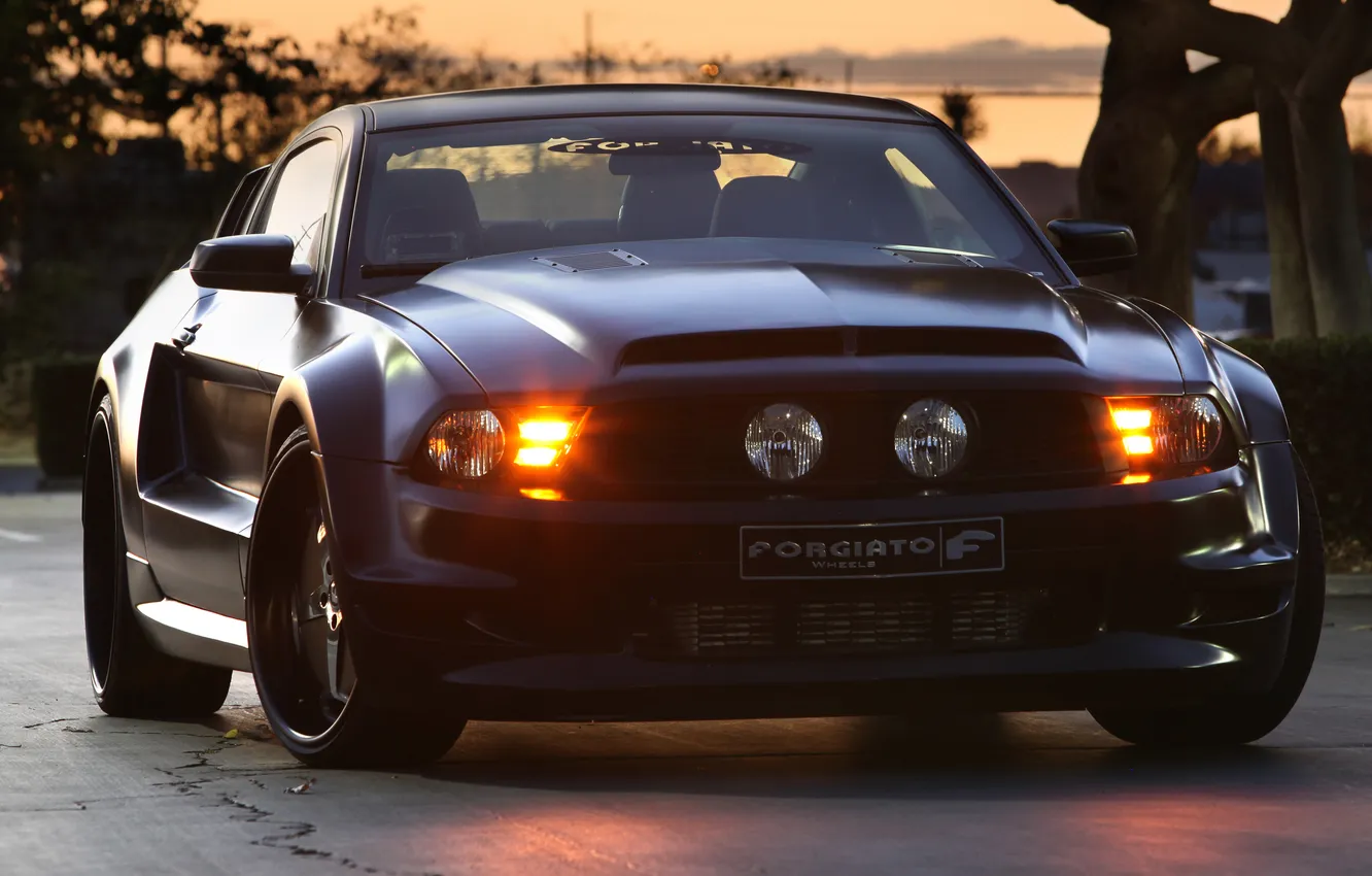 Фото обои mustang, ford, black, tuning, forgiato