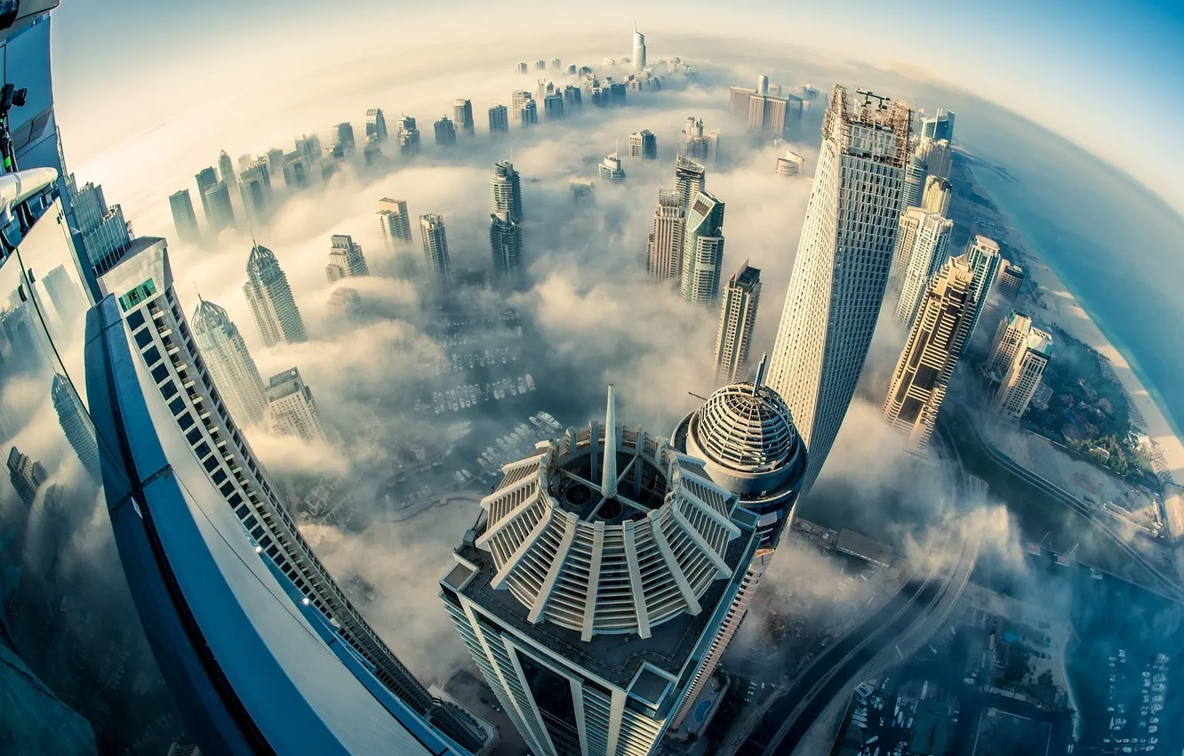 Фото обои город, туман, здания, высота, мегаполис
