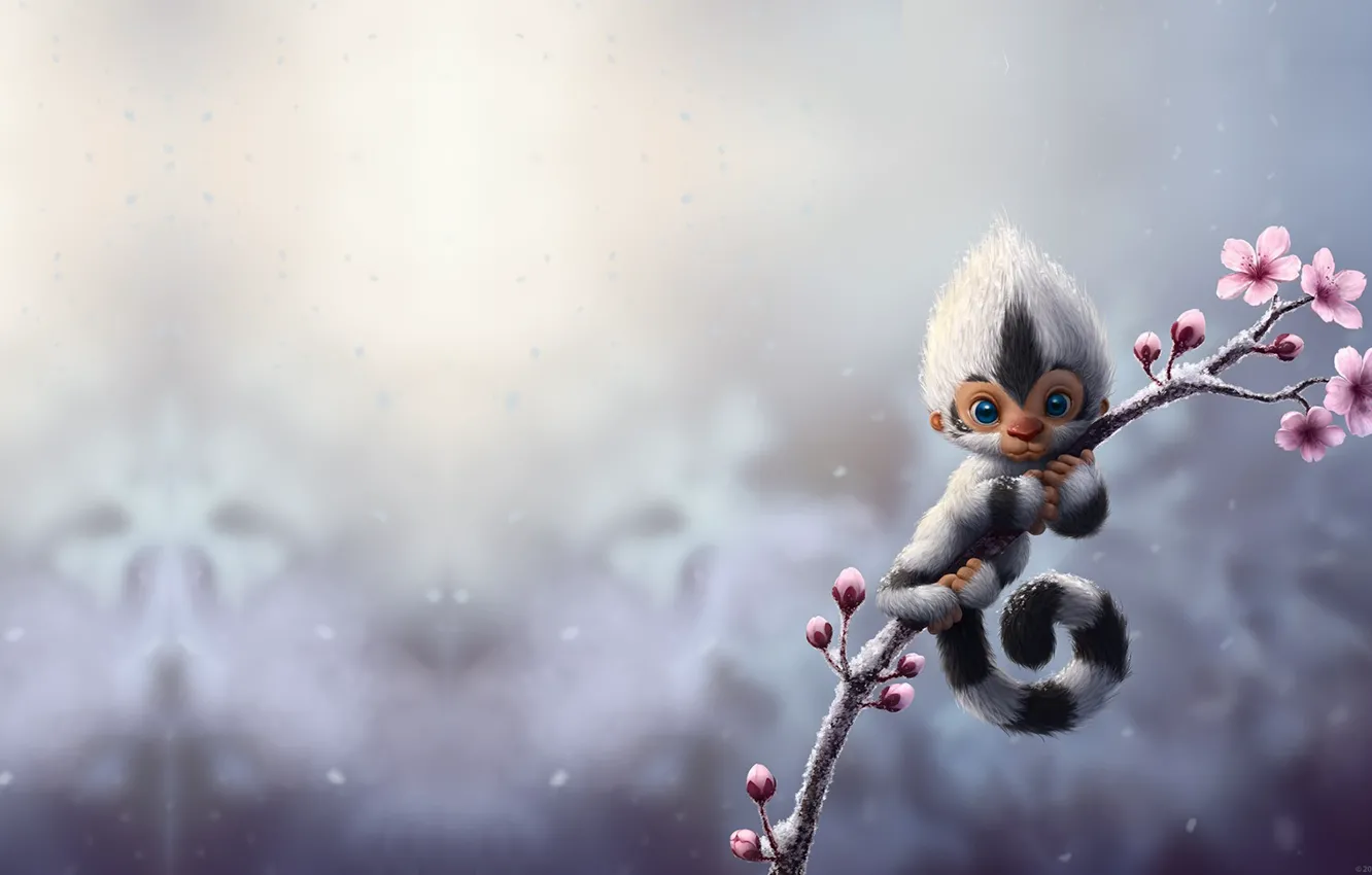 Фото обои снег, весна, сакура, малыш, арт, цветочки, обезьянка, детская