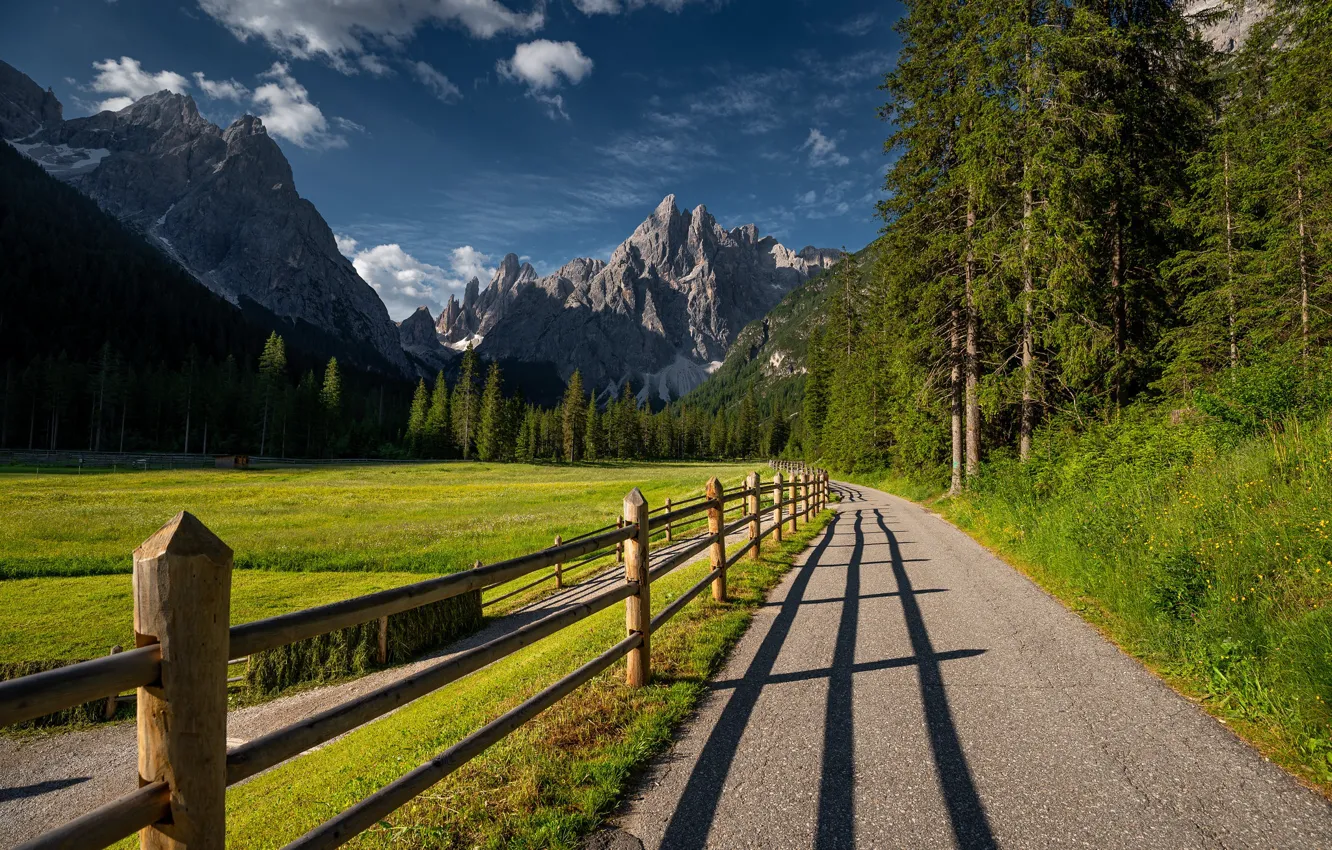 Фото обои дорога, лес, горы, забор, долина, луг, Италия, Italy