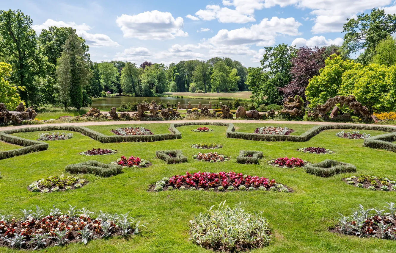 Фото обои зелень, небо, трава, солнце, облака, деревья, цветы, дизайн