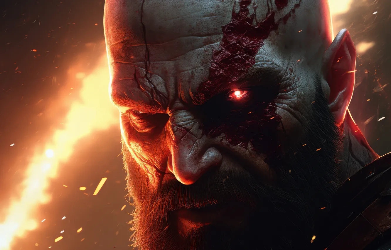 Фото обои fire, red, god of war, weapon, kratos, sony, red eyes, snow
