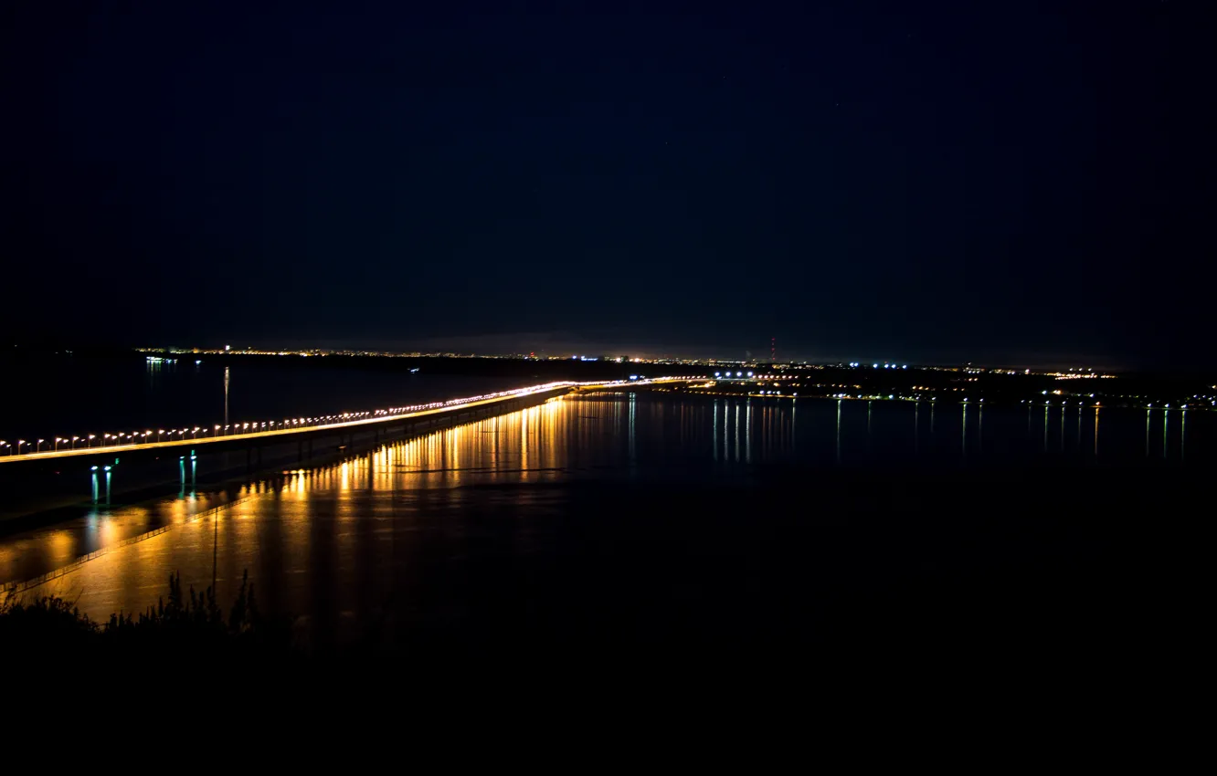Фото обои пейзаж, ночь, мост, город, огни, река, ночной город, Волга