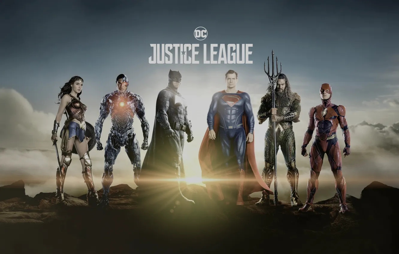 Фото обои Wonder Woman, Batman, Superman, Cyborg, Flash, Aquaman, Justice League