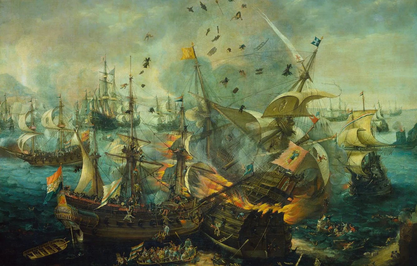 Фото обои корабль, масло, картина, парус, холст, баталия, Корнелис Клас ван Виринген, Взрыв Испанского Флагмана
