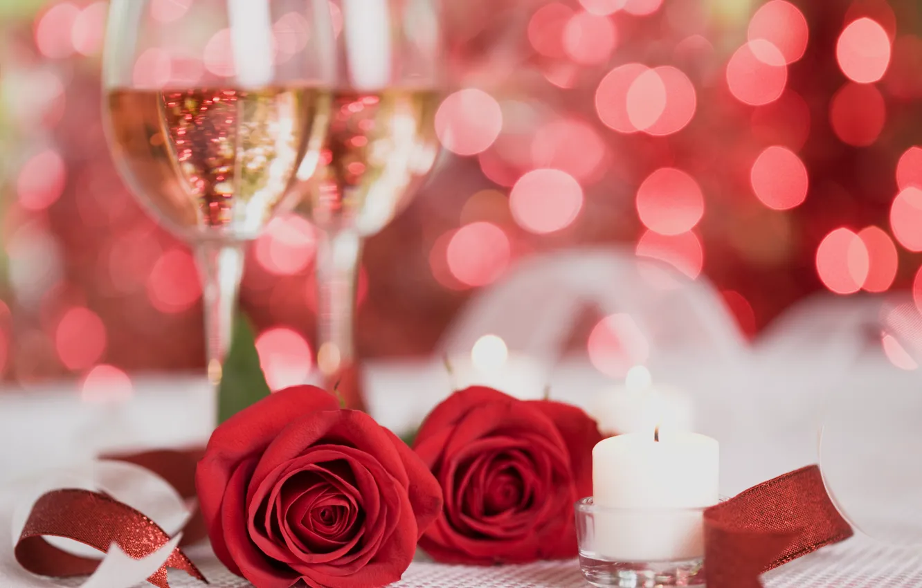 Фото обои цветы, красный, розы, свечи, шампанское