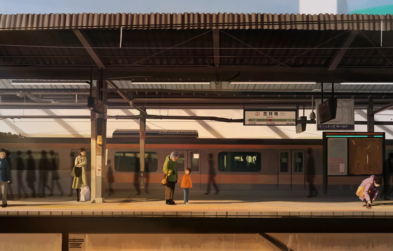 Фото обои люди, поезд, станция