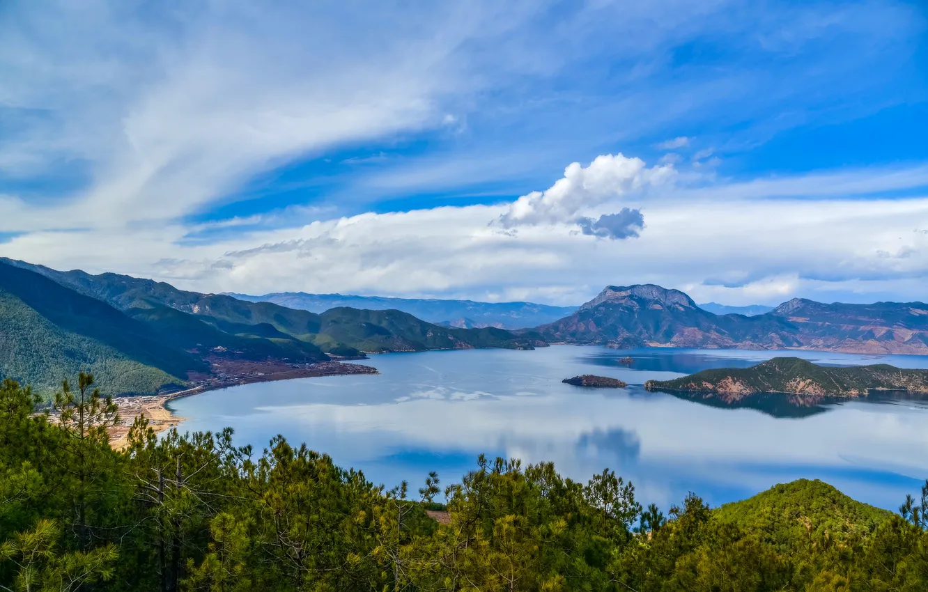 Фото обои sky, trees, landscape, nature, mountains, clouds, lake, island