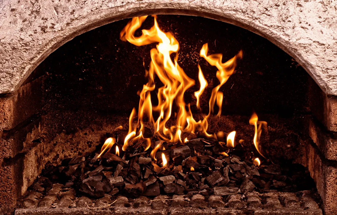 Фото обои стена, огонь, пламя, жар, угли, камин, очаг, горение