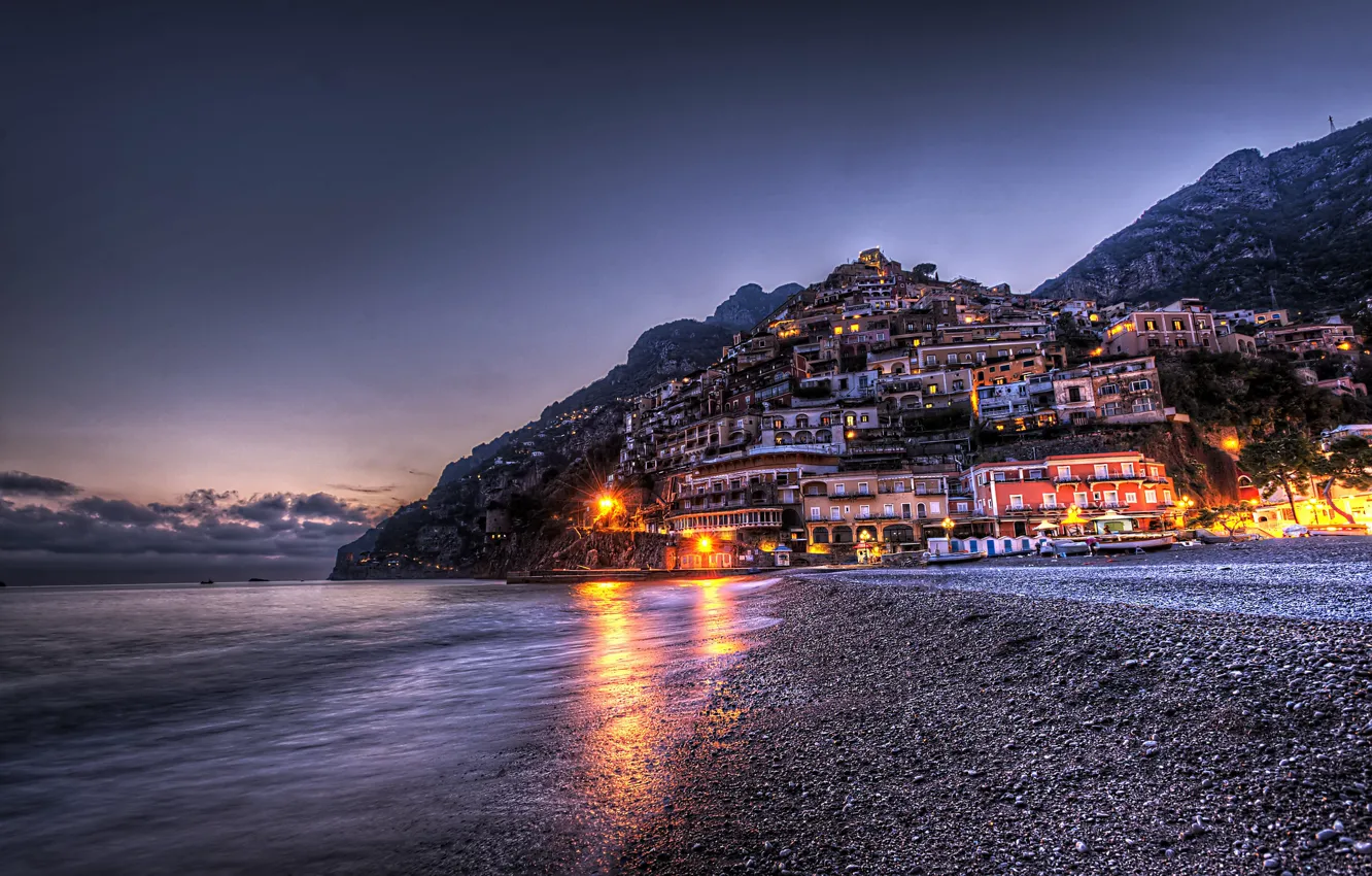 Фото обои горы, город, HDR, дома, вечер, Италия, Italy, Campania